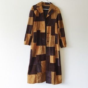 Brown patch work leather trench coat vintage.
